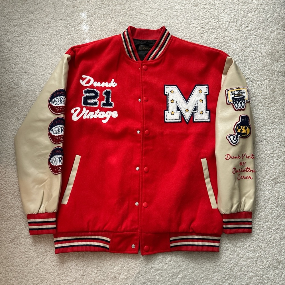 Men's Red and Cream Varsity Jacket